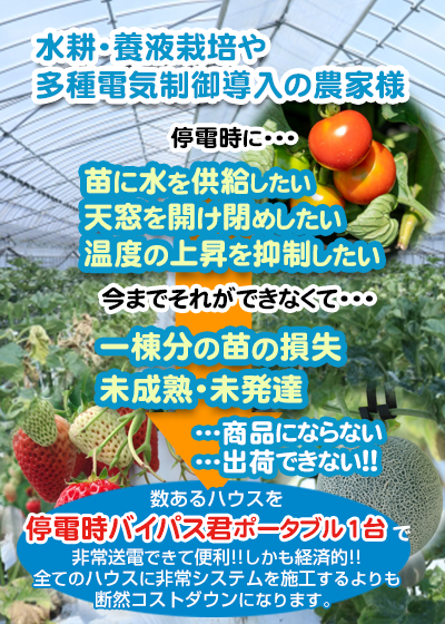 水耕・養液栽培や多種電気制御導入の農家様 停電時に・・・ 数あるハウスを停電時バイパス君ポータブル1台で非常葬で出来て便利！しかも経済的！ 全てのハウスに非常システムを施工するよりも断然コストダウンになります。